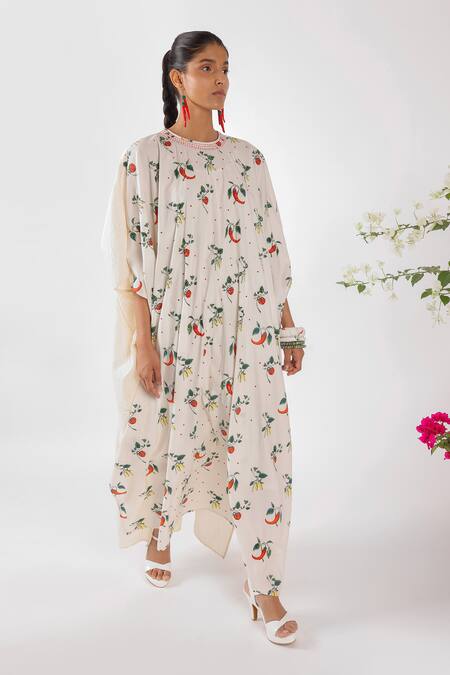 Buy_Nikasha_Cream Cotton Embroidery Round Neck Chilly Print Seersucker Kaftan _Online_at_Aza_Fashions