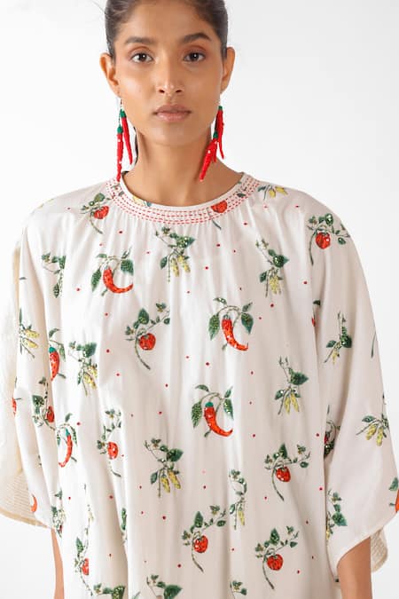 Shop_Nikasha_Cream Cotton Embroidery Round Neck Chilly Print Seersucker Kaftan _Online_at_Aza_Fashions