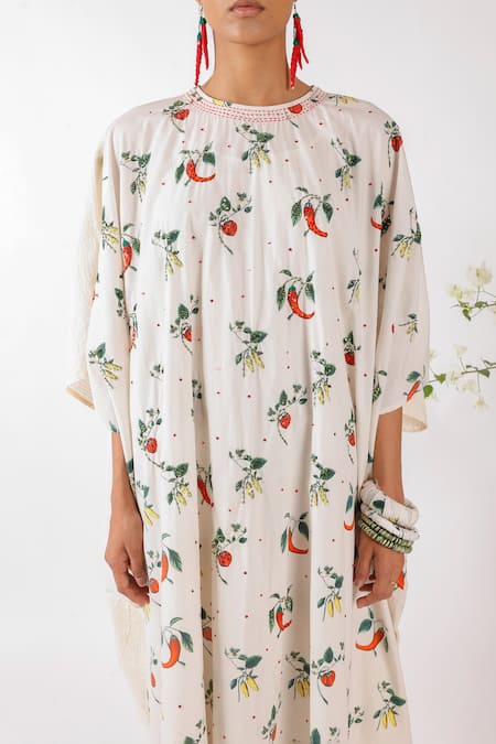 Nikasha_Cream Cotton Embroidery Round Neck Chilly Print Seersucker Kaftan _at_Aza_Fashions