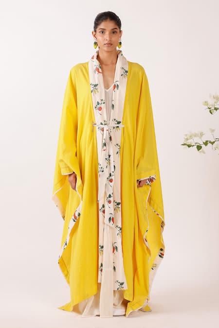Buy Nikasha Yellow Cotton Shawl Neck Chilly Print Shrug Online at Aza Fashions Buy_Nikasha_Yellow Cotton Shawl Neck Chilly Print Shrug _Online_at_Aza_Fashions