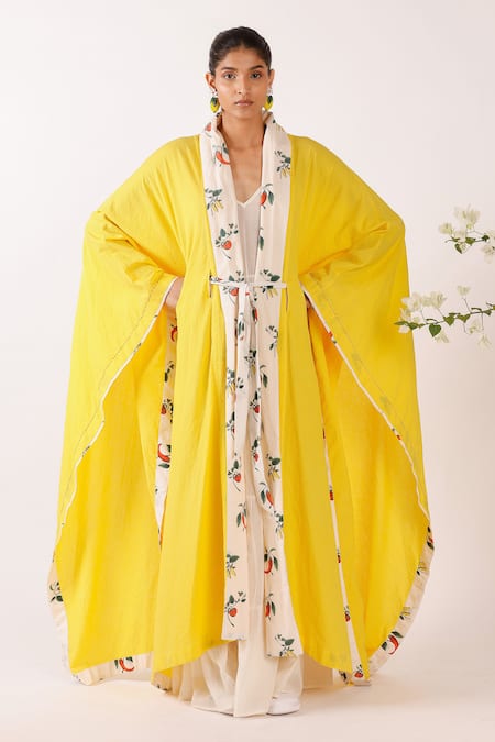 Nikasha Yellow Cotton Shawl Neck Chilly Print Shrug 