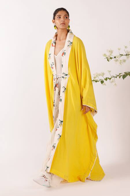 Shop Nikasha Yellow Cotton Shawl Neck Chilly Print Shrug Online at Aza Fashions Shop_Nikasha_Yellow Cotton Shawl Neck Chilly Print Shrug _Online_at_Aza_Fashions