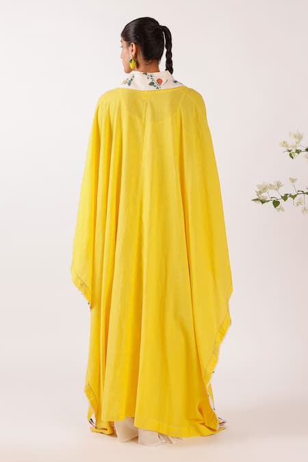Shop Nikasha Yellow Cotton Shawl Neck Chilly Print Shrug at Aza Fashions Shop_Nikasha_Yellow Cotton Shawl Neck Chilly Print Shrug _at_Aza_Fashions