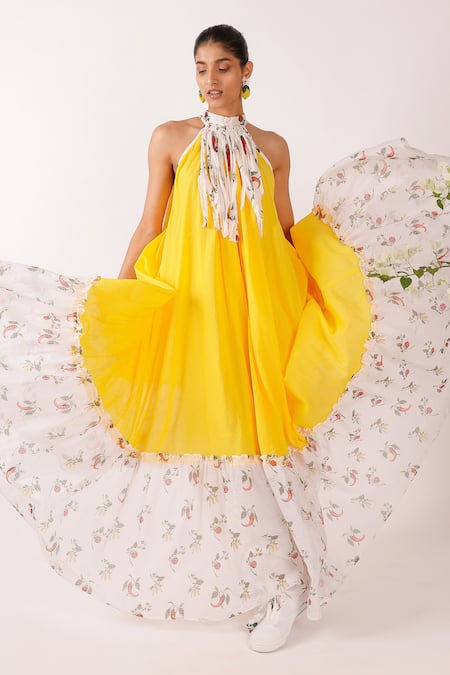 Nikasha Yellow Kota Doria, Cotton Halter Neck Maxi Dress With Floral Hem Online at Aza Fashions Nikasha_Yellow Kota Doria, Cotton Halter Neck Maxi Dress With Floral Hem _Online_at_Aza_Fashions