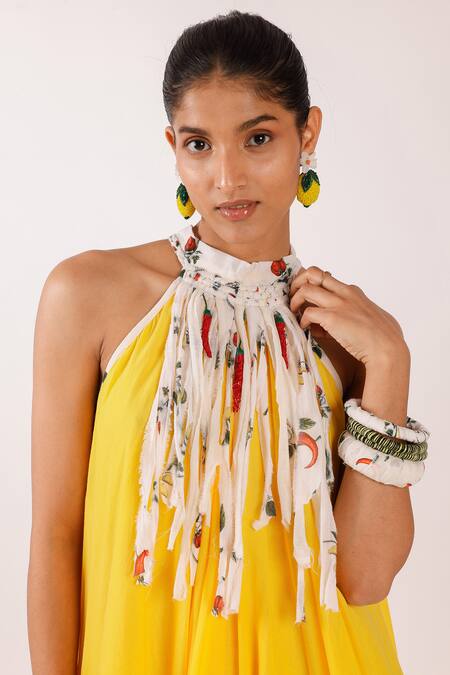 Buy Nikasha Yellow Kota Doria, Cotton Halter Neck Maxi Dress With Floral Hem Online at Aza Fashions Buy_Nikasha_Yellow Kota Doria, Cotton Halter Neck Maxi Dress With Floral Hem _Online_at_Aza_Fashions