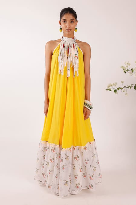 Shop Nikasha Yellow Kota Doria, Cotton Halter Neck Maxi Dress With Floral Hem at Aza Fashions Shop_Nikasha_Yellow Kota Doria, Cotton Halter Neck Maxi Dress With Floral Hem _at_Aza_Fashions