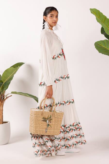 Shop Nikasha Off White Cotton Embroidery High Neck Chilly Maxi Dress Online at Aza Fashions Shop_Nikasha_Off White Cotton Embroidery High Neck Chilly Maxi Dress _Online_at_Aza_Fashions