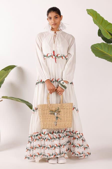 Nikasha Off White Cotton Embroidery High Neck Chilly Maxi Dress 