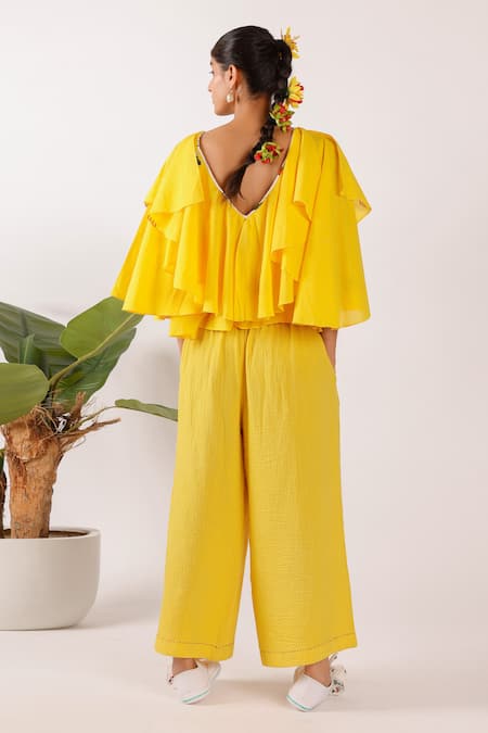 Shop Nikasha Yellow Cotton Embroidery V-neck Ruffle Top at Aza Fashions Shop_Nikasha_Yellow Cotton Embroidery V-neck Ruffle Top _at_Aza_Fashions