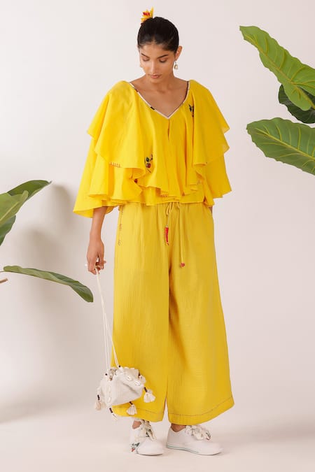 Buy Nikasha Yellow Cotton Embroidery V-neck Ruffle Top Online at Aza Fashions Buy_Nikasha_Yellow Cotton Embroidery V-neck Ruffle Top _Online_at_Aza_Fashions