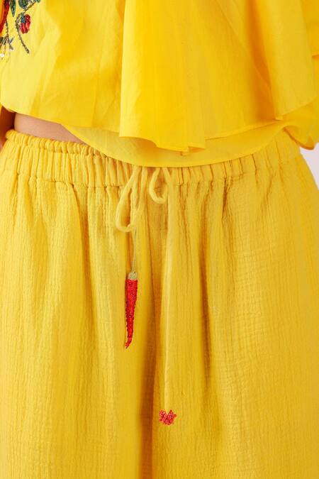 Shop Nikasha Yellow Cotton Embroidery V-neck Ruffle Top Online at Aza Fashions Shop_Nikasha_Yellow Cotton Embroidery V-neck Ruffle Top _Online_at_Aza_Fashions