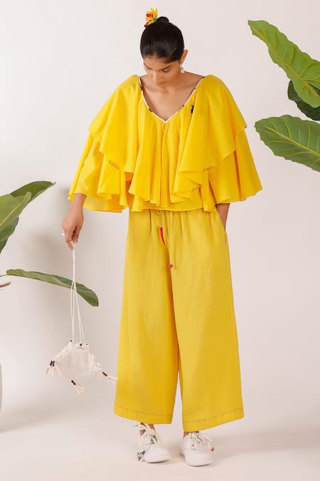 Nikasha Yellow Cotton Embroidery V-neck Ruffle Top at Aza Fashions Nikasha_Yellow Cotton Embroidery V-neck Ruffle Top _at_Aza_Fashions