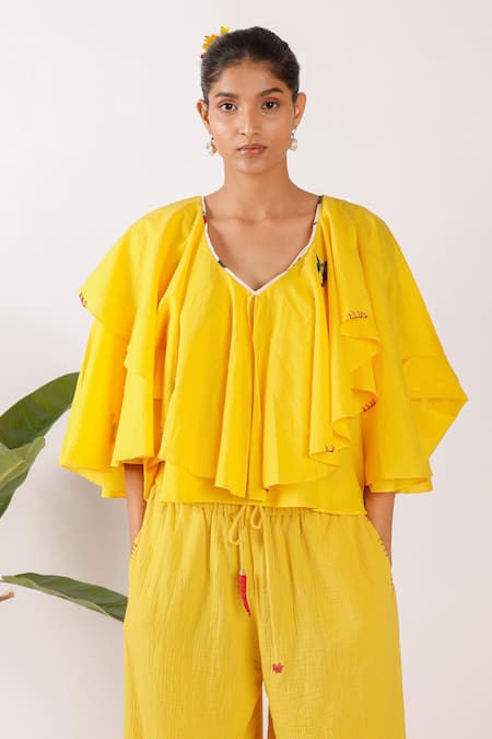 Buy Nikasha Yellow Cotton Embroidery V-neck Ruffle Top Buy_Nikasha_Yellow Cotton Embroidery V-neck Ruffle Top