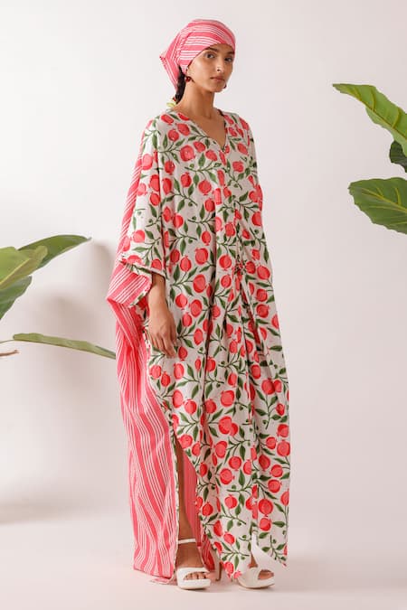 Nikasha Multi Color Cotton V-neck Pomegranate Print Kaftan Online at Aza Fashions Nikasha_Multi Color Cotton V-neck Pomegranate Print Kaftan _Online_at_Aza_Fashions