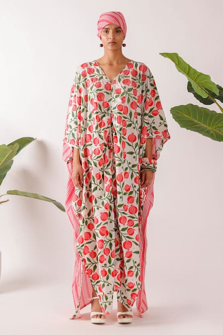 Buy Nikasha Multi Color Cotton V-neck Pomegranate Print Kaftan Online at Aza Fashions Buy_Nikasha_Multi Color Cotton V-neck Pomegranate Print Kaftan _Online_at_Aza_Fashions