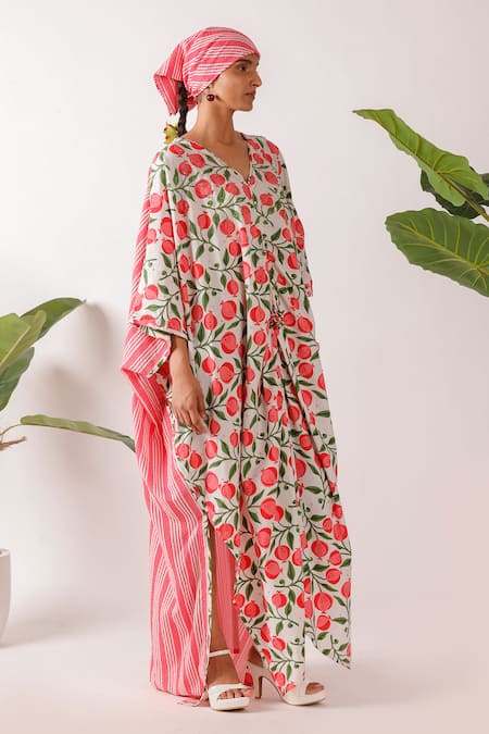 Shop Nikasha Multi Color Cotton V-neck Pomegranate Print Kaftan Online at Aza Fashions Shop_Nikasha_Multi Color Cotton V-neck Pomegranate Print Kaftan _Online_at_Aza_Fashions