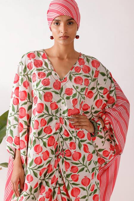 Nikasha Multi Color Cotton V-neck Pomegranate Print Kaftan at Aza Fashions Nikasha_Multi Color Cotton V-neck Pomegranate Print Kaftan _at_Aza_Fashions