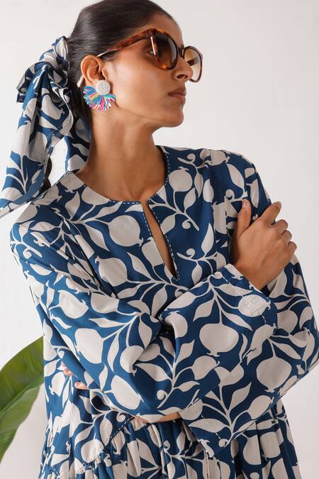 Nikasha Blue Cotton Open Neck Pomegranate Print Maxi Dress Online at Aza Fashions Nikasha_Blue Cotton Open Neck Pomegranate Print Maxi Dress _Online_at_Aza_Fashions