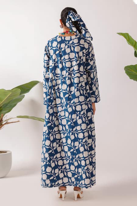 Shop Nikasha Blue Cotton Open Neck Pomegranate Print Maxi Dress at Aza Fashions Shop_Nikasha_Blue Cotton Open Neck Pomegranate Print Maxi Dress _at_Aza_Fashions