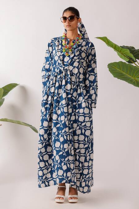 Shop Nikasha Blue Cotton Open Neck Pomegranate Print Maxi Dress Online at Aza Fashions Shop_Nikasha_Blue Cotton Open Neck Pomegranate Print Maxi Dress _Online_at_Aza_Fashions