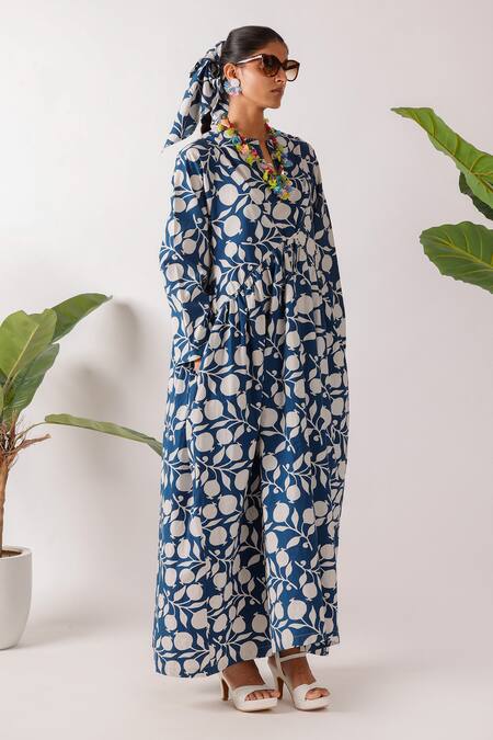 Nikasha Blue Cotton Open Neck Pomegranate Print Maxi Dress at Aza Fashions Nikasha_Blue Cotton Open Neck Pomegranate Print Maxi Dress _at_Aza_Fashions