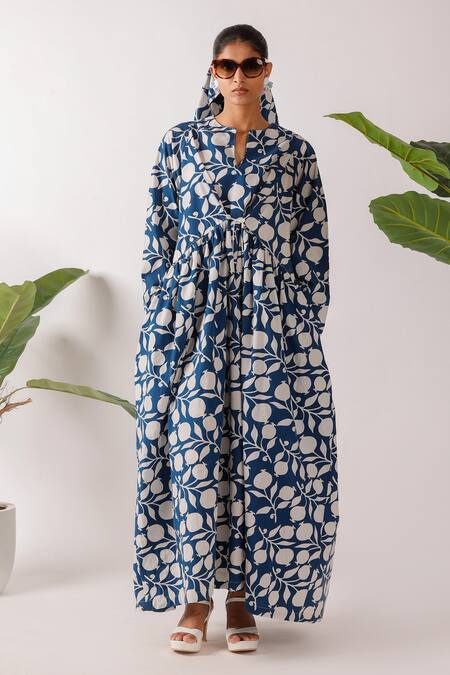 Buy Nikasha Blue Cotton Open Neck Pomegranate Print Maxi Dress Buy_Nikasha_Blue Cotton Open Neck Pomegranate Print Maxi Dress