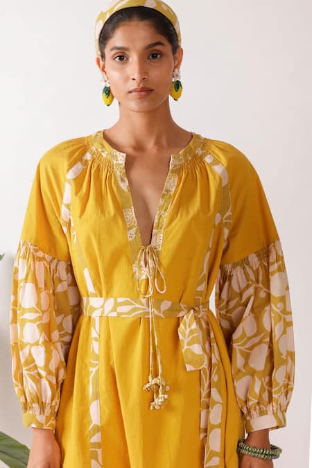 Buy Nikasha Yellow Cotton, Poplin V-neck Pomegranate Print Midi Dress Online at Aza Fashions Buy_Nikasha_Yellow Cotton, Poplin V-neck Pomegranate Print Midi Dress _Online_at_Aza_Fashions