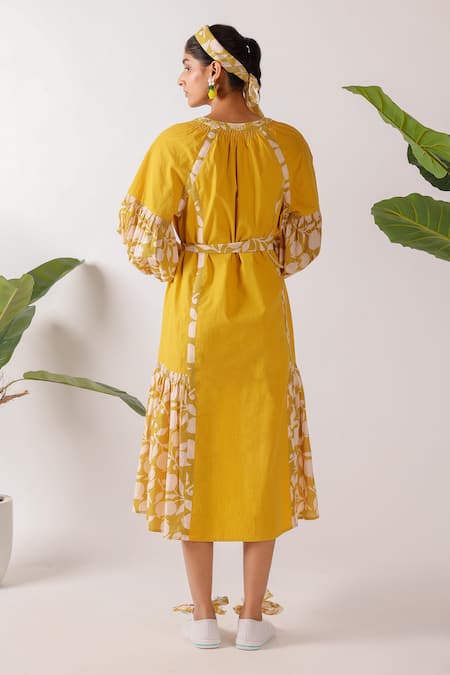 Shop Nikasha Yellow Cotton, Poplin V-neck Pomegranate Print Midi Dress at Aza Fashions Shop_Nikasha_Yellow Cotton, Poplin V-neck Pomegranate Print Midi Dress _at_Aza_Fashions