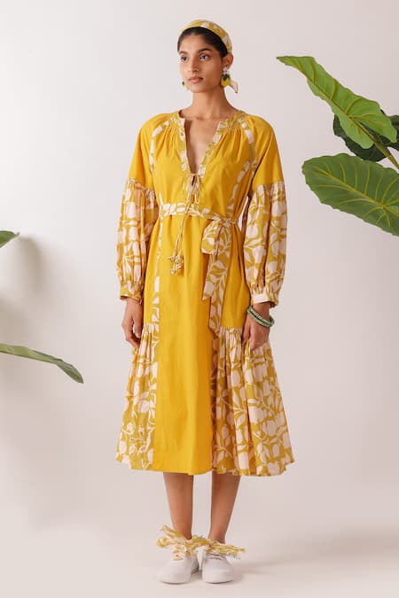 Shop Nikasha Yellow Cotton, Poplin V-neck Pomegranate Print Midi Dress Online at Aza Fashions Shop_Nikasha_Yellow Cotton, Poplin V-neck Pomegranate Print Midi Dress _Online_at_Aza_Fashions