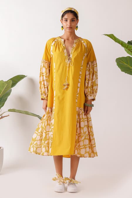 Nikasha Yellow Cotton, Poplin V-neck Pomegranate Print Midi Dress at Aza Fashions Nikasha_Yellow Cotton, Poplin V-neck Pomegranate Print Midi Dress _at_Aza_Fashions