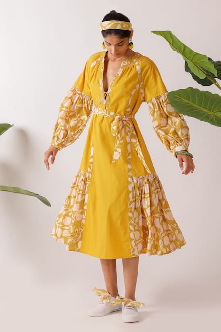 Buy Nikasha Yellow Cotton, Poplin V-neck Pomegranate Print Midi Dress Buy_Nikasha_Yellow Cotton, Poplin V-neck Pomegranate Print Midi Dress
