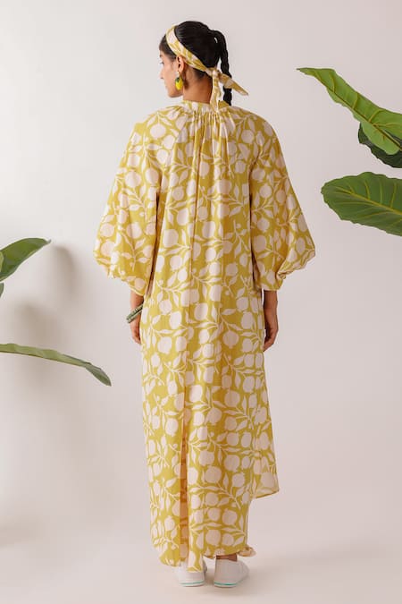 Shop Nikasha Yellow Cotton Round Neck Pomegranate Print Maxi Dress at Aza Fashions Shop_Nikasha_Yellow Cotton Round Neck Pomegranate Print Maxi Dress _at_Aza_Fashions