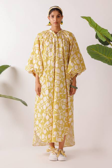 Shop Nikasha Yellow Cotton Round Neck Pomegranate Print Maxi Dress Online at Aza Fashions Shop_Nikasha_Yellow Cotton Round Neck Pomegranate Print Maxi Dress _Online_at_Aza_Fashions