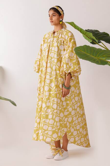 Buy Nikasha Yellow Cotton Round Neck Pomegranate Print Maxi Dress Buy_Nikasha_Yellow Cotton Round Neck Pomegranate Print Maxi Dress