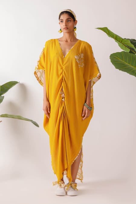 Nikasha Yellow Cotton Embroidery V-neck Pomegranate Print Ruched Kaftan Online at Aza Fashions Nikasha_Yellow Cotton Embroidery V-neck Pomegranate Print Ruched Kaftan _Online_at_Aza_Fashions