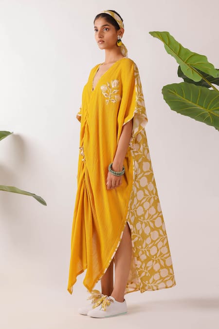 Buy Nikasha Yellow Cotton Embroidery V-neck Pomegranate Print Ruched Kaftan Online at Aza Fashions Buy_Nikasha_Yellow Cotton Embroidery V-neck Pomegranate Print Ruched Kaftan _Online_at_Aza_Fashions