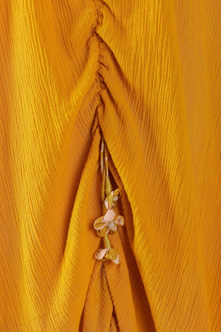 Buy Nikasha Yellow Cotton Embroidery V-neck Pomegranate Print Ruched Kaftan Buy_Nikasha_Yellow Cotton Embroidery V-neck Pomegranate Print Ruched Kaftan