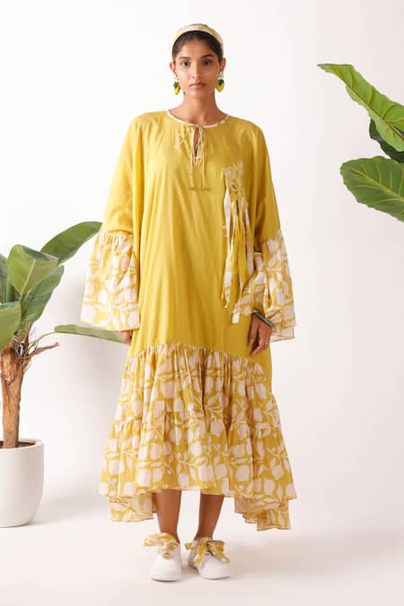 Nikasha Olive Green Cotton Round Neck Pomegranate Print Midi Dress 