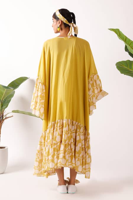 Shop Nikasha Olive Green Cotton Round Neck Pomegranate Print Midi Dress at Aza Fashions Shop_Nikasha_Olive Green Cotton Round Neck Pomegranate Print Midi Dress _at_Aza_Fashions