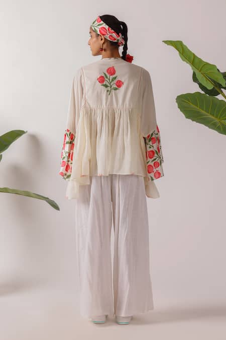 Shop Nikasha Ivory Cotton Round Neck Pomegranate Print Mulmul Top at Aza Fashions Shop_Nikasha_Ivory Cotton Round Neck Pomegranate Print Mulmul Top _at_Aza_Fashions