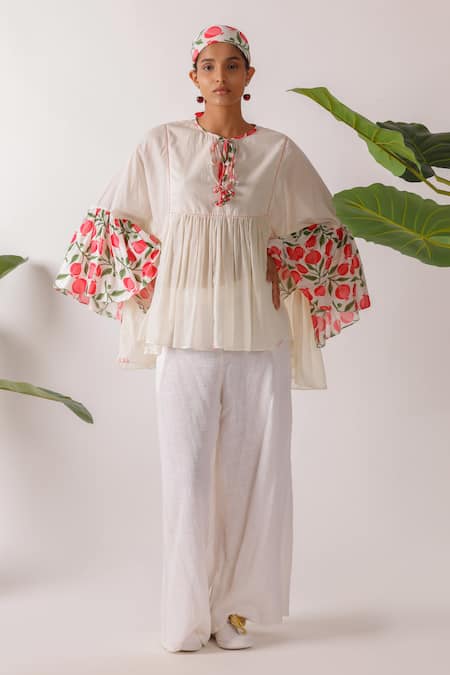 Nikasha Ivory Cotton Round Neck Pomegranate Print Mulmul Top 