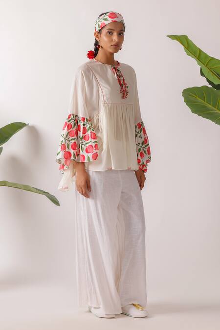Buy Nikasha Ivory Cotton Round Neck Pomegranate Print Mulmul Top Online at Aza Fashions Buy_Nikasha_Ivory Cotton Round Neck Pomegranate Print Mulmul Top _Online_at_Aza_Fashions