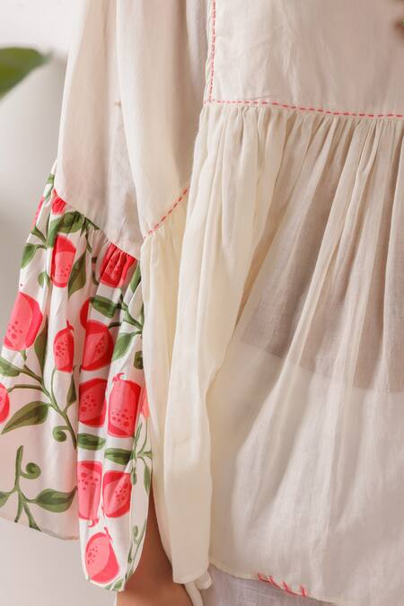 Buy Nikasha Ivory Cotton Round Neck Pomegranate Print Mulmul Top Buy_Nikasha_Ivory Cotton Round Neck Pomegranate Print Mulmul Top