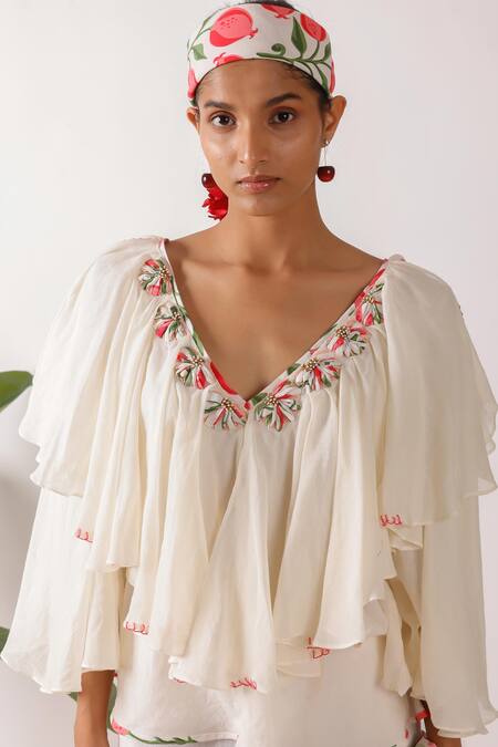 Buy_Nikasha_Ivory Cotton Embroidery V-neck Ruffle Top With Ribbon_Online_at_Aza_Fashions