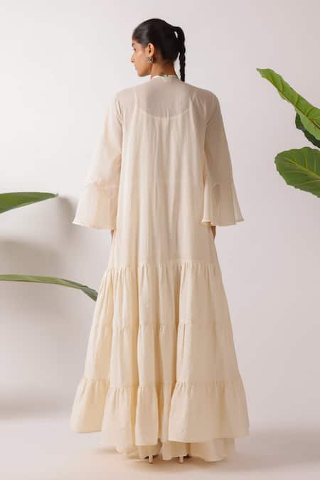 Shop_Nikasha_Ivory Cotton Embroidery Round Neck Ribbon Jacket _at_Aza_Fashions