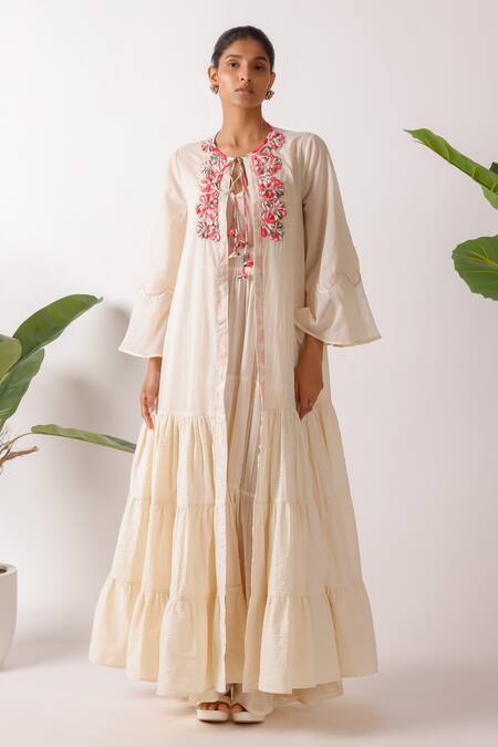Nikasha_Ivory Cotton Embroidery Round Neck Ribbon Jacket _Online_at_Aza_Fashions