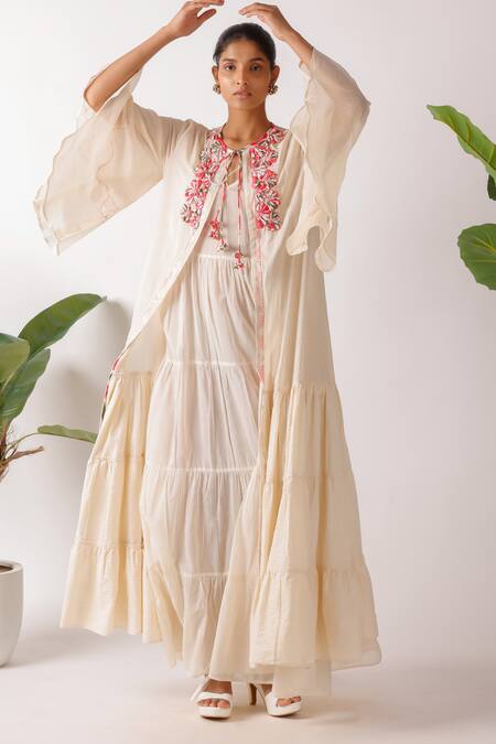Buy_Nikasha_Ivory Cotton Embroidery Round Neck Ribbon Jacket _Online_at_Aza_Fashions