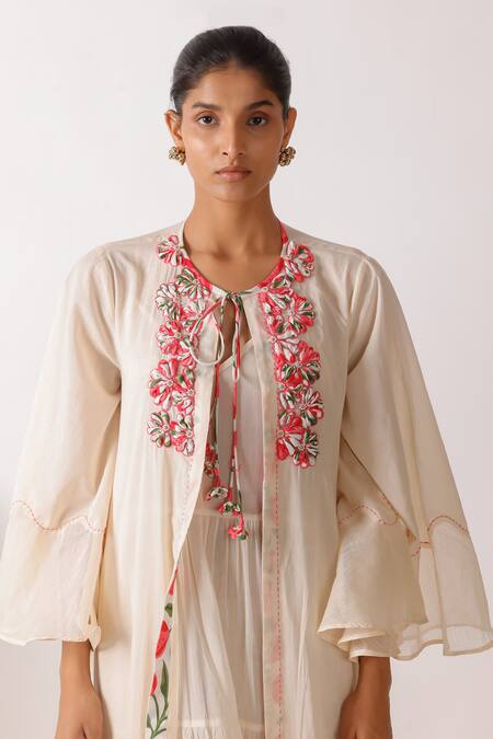 Shop_Nikasha_Ivory Cotton Embroidery Round Neck Ribbon Jacket _Online_at_Aza_Fashions