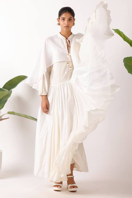 Buy_Nikasha_Cream Cotton Fabric Flowers Round Neck Jamdani Godet Cape Dress_Online_at_Aza_Fashions