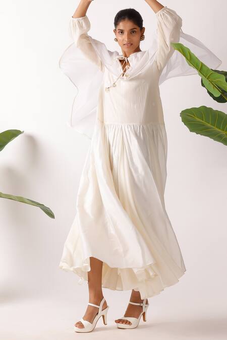 Shop_Nikasha_Cream Cotton Fabric Flowers Round Neck Jamdani Godet Cape Dress_Online_at_Aza_Fashions